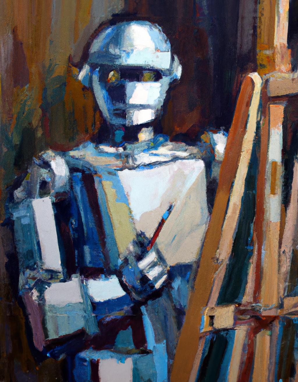 Image generated by DALL-E-2 using the caption 'Self-portrait of a robot artist in front of an easel, oil on canvas, masterpiece'